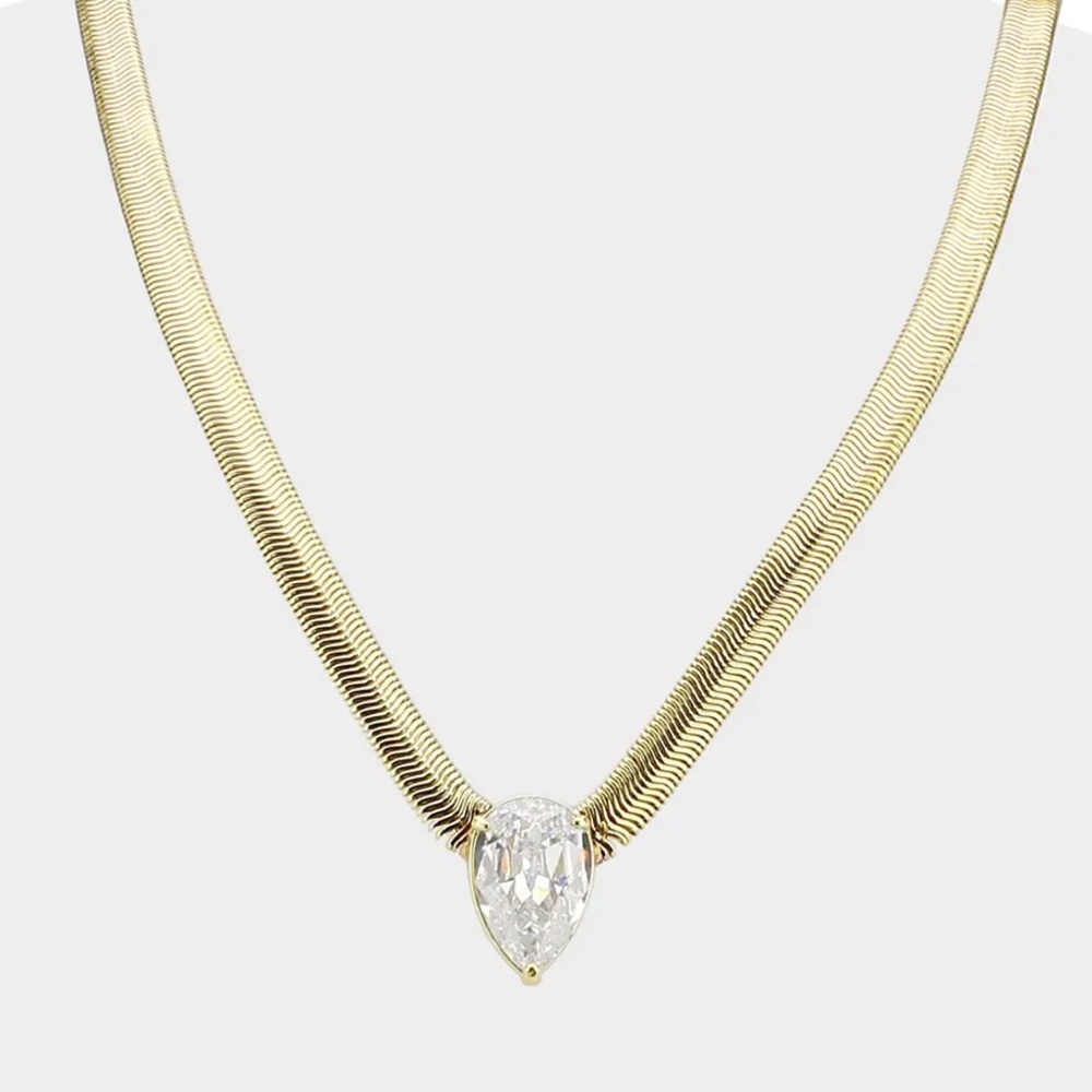 Aqua Gold Herringbone Necklace with Teardrop Cubic Zirconia Pendant NWT